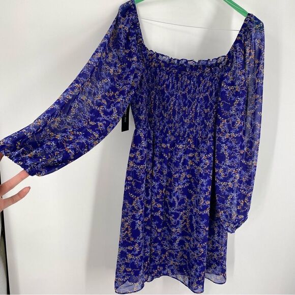 BCBG Paris Smocked Body Square Neck Long Sleeve Floral Mini Dress size XL 16-18 - Picture 6 of 7